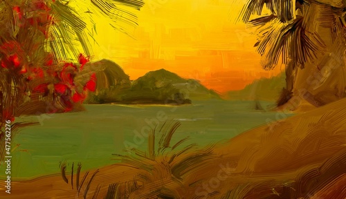 Fototapeta Naklejka Na Ścianę i Meble -  Tropical island. Sunset view. Warm summer evening. Pacific ocean. Seaside. 2d illustration. Digital painting.