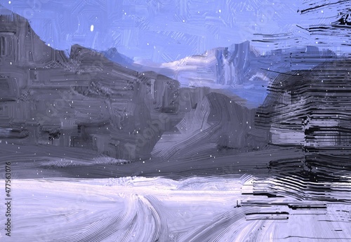 Winter scene painting. 2d illustration. Frozen landscape.