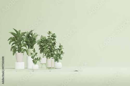 Fototapeta Naklejka Na Ścianę i Meble -  Tropical plant leaf pot. Minimalist design with empty space. Caring of plants in garden concept on pastel blue and white color. Light background with copy space. 3D rendering 

