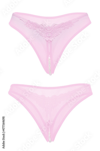 Detail shot of pink sexy panties with lace frills, decorative pearls and silk bows. The erotic lingerie with a cutout in the intimate area is isolated on the white background. Front and back views.