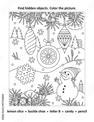 Hidden objects, or seek and find, picture puzzle and coloring page activity sheet with christmas tree ornaments and cute cheerful snowman
