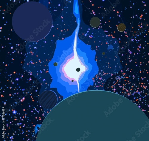 Vast, cold space. Cartoon style distant galaxies digital art. Interstellar Nebulae. Interplanetary space. Mysterious universe. Deep cosmos. Science fiction background with planets and moons.