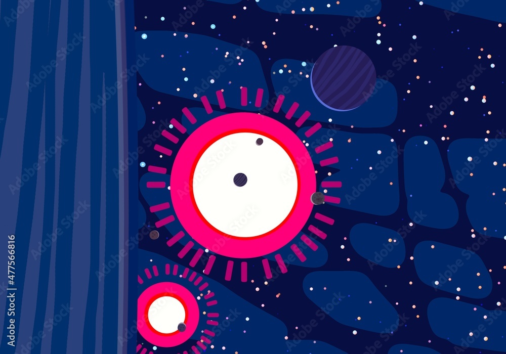 Fototapeta premium Vast, cold space. Cartoon style distant galaxies digital art. Interstellar Nebulae. Interplanetary space. Mysterious universe. Deep cosmos. Science fiction background with planets and moons.