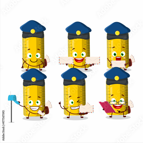 A picture of cheerful yellow ruler postman cartoon design concept
