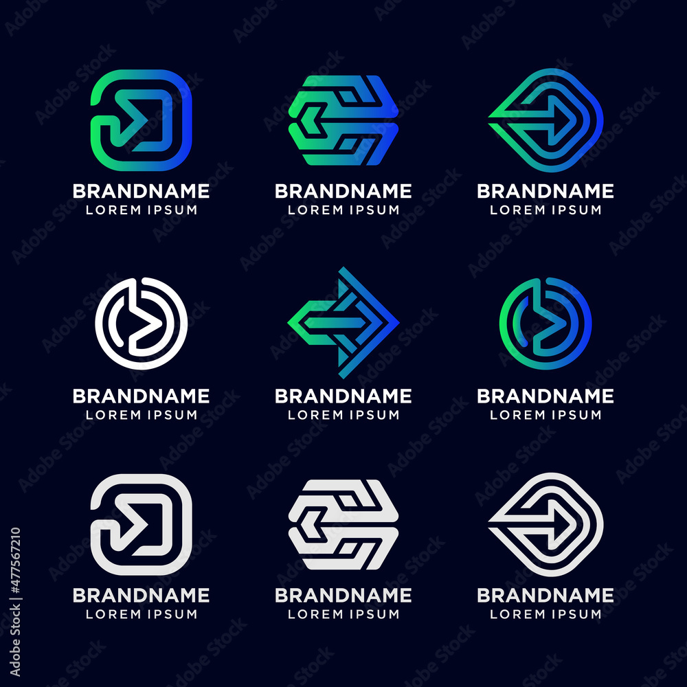 Set of Arrow logo. Abstract business logo icon design template with arrow. Simple modern vector logo. Design inspiration Set of Arrow logo. Abstract business logo icon design template with arrow. Simple modern vector logo. Design inspiration