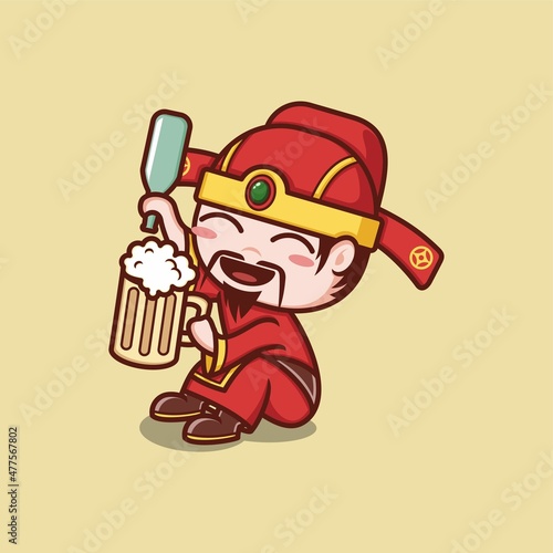 cute cartoon caishen god in chinese new year enjoying beer. vector illustration for mascot logo or sticker