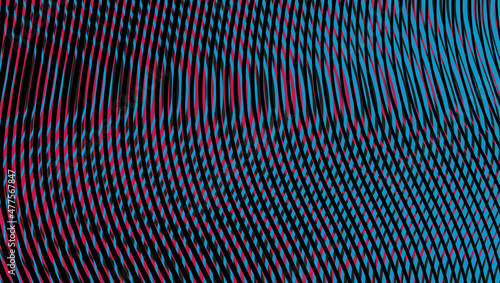 Colored digital abstract background with wavy stripes and grid moite effect. Trendy optical illusion for web design, business card, mobile apps, banner, package.