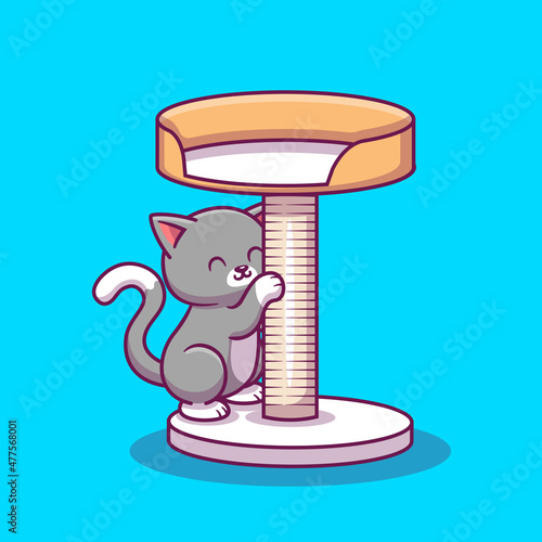 Cute Cat Scratching Wood Scratcher Cartoon Vector Icon Illustration. Animal Nature Icon Concept Isolated Premium Vector. Flat Cartoon Style