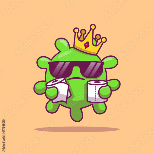 Cute King Virus With Toilet Tissue Cartoon Vector Icon Illustration. Health And Virus Icon Concept Isolated Premium Vector. Flat Cartoon Style