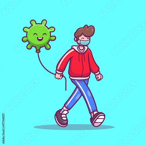 Man Walking With Virus Balloon Cartoon Vector Icon Illustration. People And Virus Icon Concept Isolated Premium Vector. Flat Cartoon Style