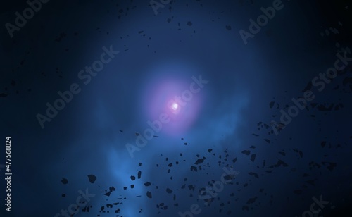 Bright star in deep, cold space. Blue empty universe art. Science fiction illustration.