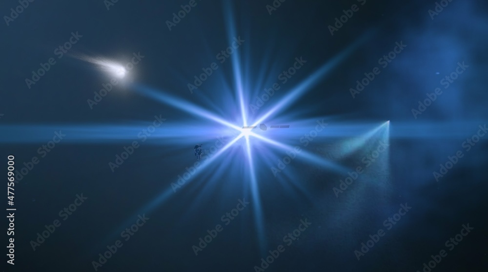 Bright star in deep, cold space. Blue empty universe art. Science fiction illustration.