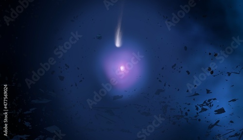 Bright star in deep, cold space. Blue empty universe art. Science fiction illustration.