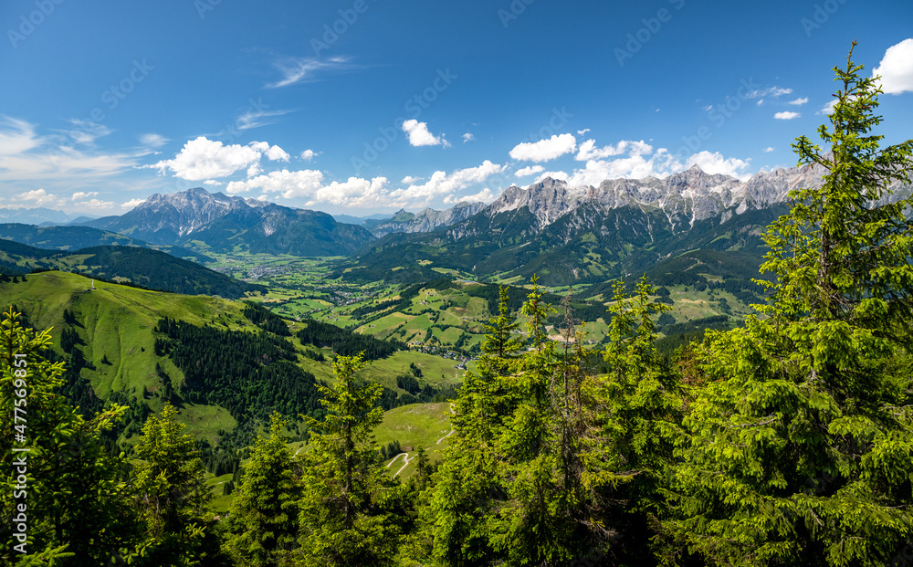 Panorama view of a summer alpine landscape, Maria Alm and Saalfelden, Salzburg, Austria Panorama view of a summer alpine landscape, Maria Alm and Saalfelden, Salzburg, Austria