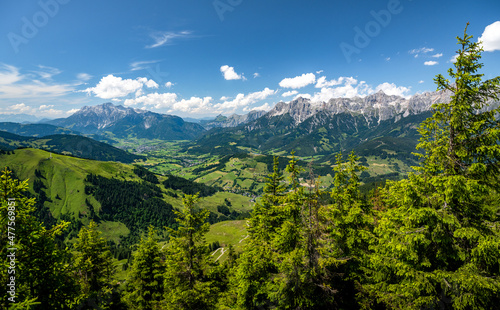 Panorama view of a summer alpine landscape, Maria Alm and Saalfelden, Salzburg, Austria