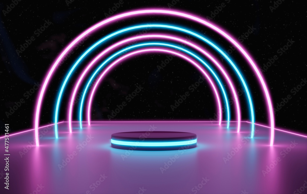 3d illustration, glowing podiums on an abstract cosmic neon background glowing laser arcs on platform 3d illustration, glowing podiums on an abstract cosmic neon background glowing laser arcs on platform