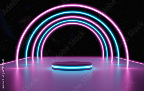 Fototapeta Naklejka Na Ścianę i Meble -  3d illustration, glowing podiums on an abstract cosmic neon background glowing laser arcs on platform