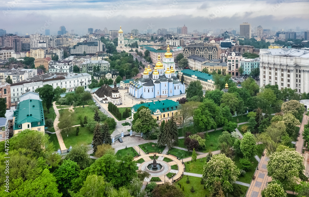 Aerial view of St. Michael's Cathedral, Ministry of Foreign Affairs, St. Sophia Cathedral, Vladimirskaya Gorka Park