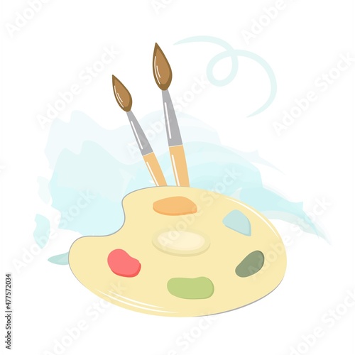 Palette and brush flat. Isolated artist palette with two brushes on blue. Vector cartoon plastic material with colorful round paint stains. Creative kit for creating paintings and close-up portraits.