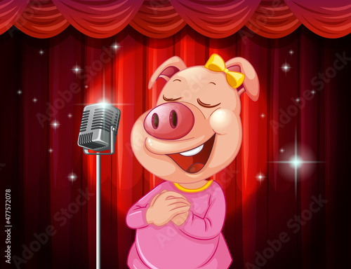 Little cute piglet singing on stage
