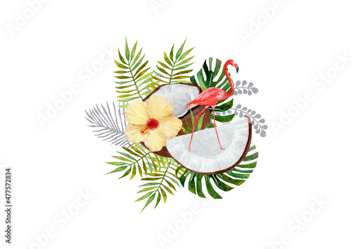 Watercolor illustration of tropical leaves, flowers and fruits with flamingo on isolated white background