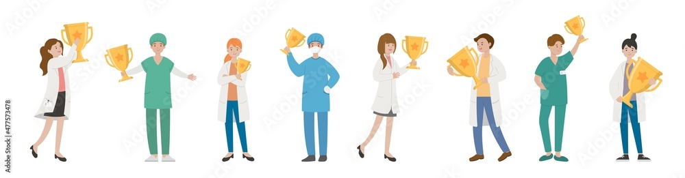 8 paramedics man or woman doctor combination, medical worker with trophy, cartoon comic vector 8 paramedics man or woman doctor combination, medical worker with trophy, cartoon comic vector