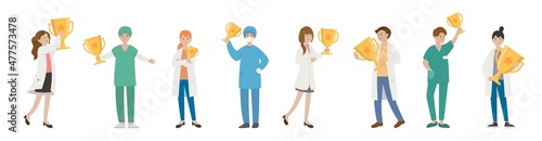 8 paramedics man or woman doctor combination, medical worker with trophy, cartoon comic vector