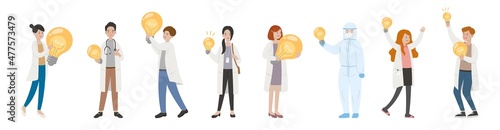 8 paramedics man or woman doctor combination, medical worker with light bulb, cartoon comic vector