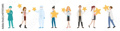 8 paramedics man or woman doctor combination, medical worker with stars, glory, cartoon comic vector