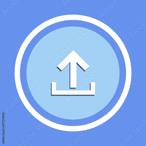 Upload Icon. Design vector sign symbol. Flat design style. Vector icon in circle isolated on blue background