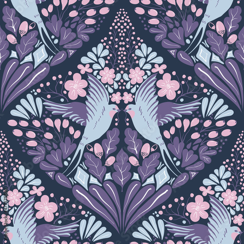 Vector seamless pattern with hand-draw birds. Symmetrical pattern with swallows  berries and flowers in pink and blue colors.