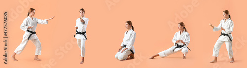 Set of young women practicing karate on color background photo