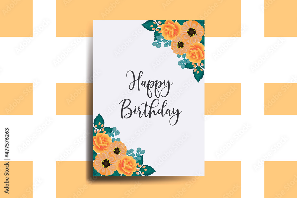 Fototapeta premium Greeting card birthday card Digital watercolor hand drawn Orange Zinnia With Rose Flower Design Template