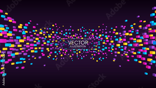 Abstract geometric background with flying 3d cubes. Wide banner with flowing colorful cubes. Vector illustration