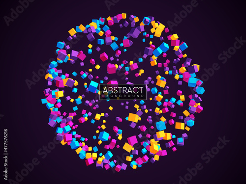 Futuristic spherical explosion with colorful cubes. Abstract geometric background with flying 3d cubes in shape of sphere. Vector illustration