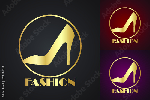 golden high heel shoe shape on color background / fashion theme logo / vector illustration