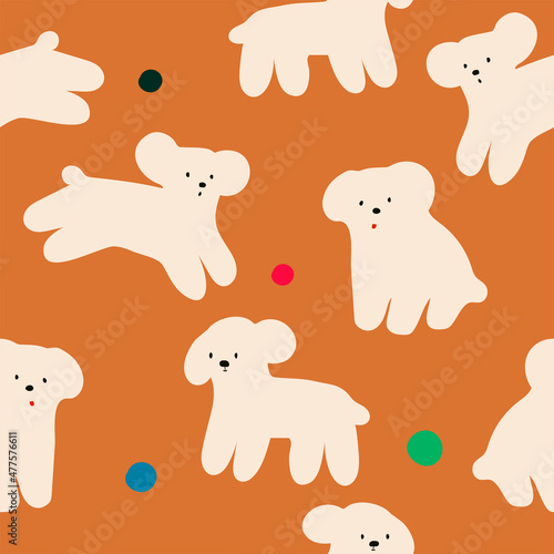 Cute modern pattern with minimalistic poodles  and colorful dots on brown background. Vector seamless texture for kids fabric or home decor.