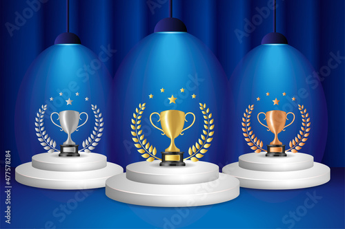 Stage podium scene with lighting for Award Ceremony. Winner round pedestal with golden, silver, and bronze trophy cup symbol, laurel wreath and ribbon