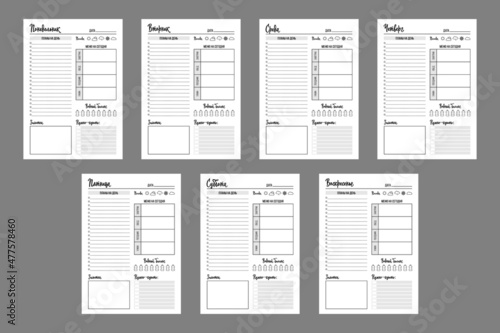 Scheduler pages. Paper sheets for making a schedule, writing tasks for the day. A template for a to-do list. A set of vector organizer layouts for printing A4 format
