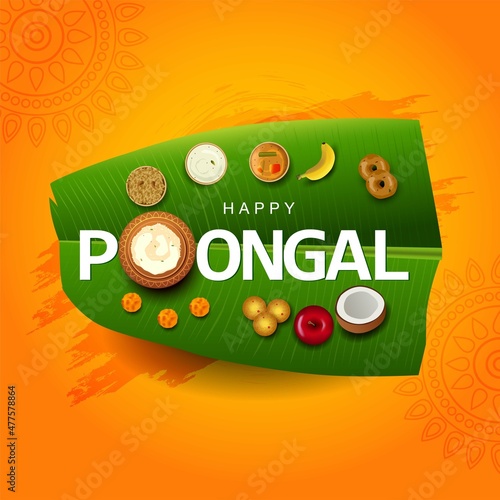 South Indian harvesting festival, Happy Pongal celebrations greetings with Pongal elements, banana leaf with pongal food. vector illustration design