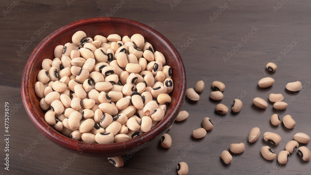 Uncooked black eyed peas. Health food concept.