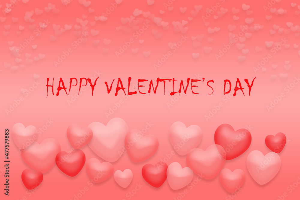 Happy Valentine's day text on red gradient background with hearts. Romantic greeting.