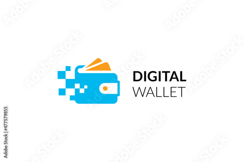 Digital wallet logo design template with pixel effect. Logo concept of credit card, crypto wallet, fast online payment.