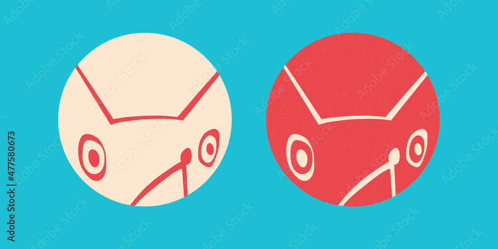 Obraz premium Two muzzles of white and red foxes in circles on a blue background. Ears, eyes and nose are drawn in a simplified linear manner. Can be used as stickers, icons, label