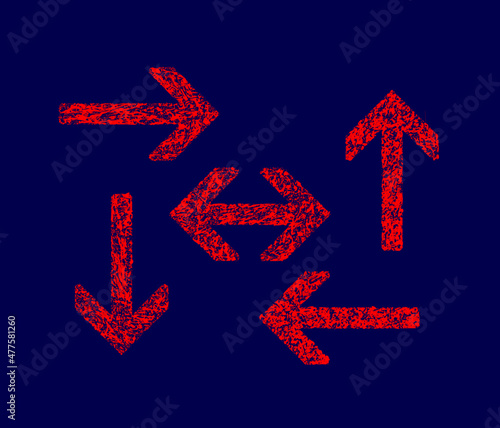 Set of vector grunge red arrows isolated on dark background.