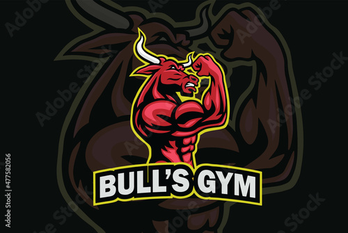 Bull Gym Logo Character Design Bodybuilder Posing Muscular Body Vector Sports Mascot