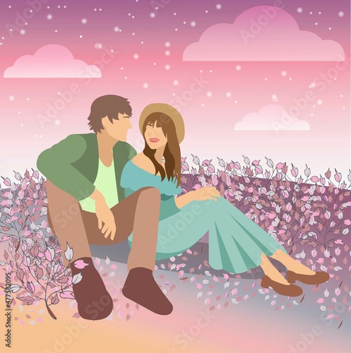 vector illustration of a couple in love sitting in the grass at sunset