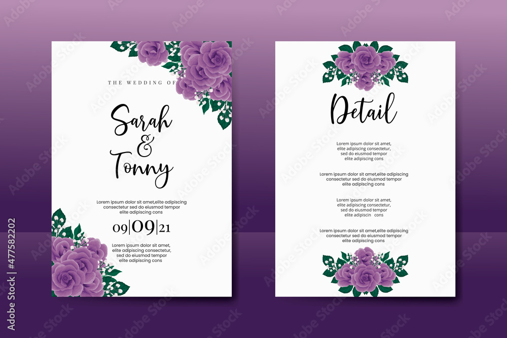 Wedding invitation frame set, floral watercolor Digital hand drawn Purple Rose flower design Invitation Card Template