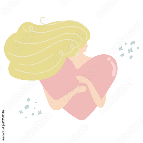 Young woman hugs a big heart with love and care. Girl with long hair holds pink heart in hands. Self care and body positive concept. Feminism, fight for your rights, girl power concept. Fall in love