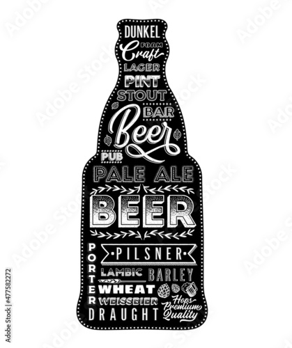 Poster bottle of beer with hand-drawn lettering. Vector Illustration.
